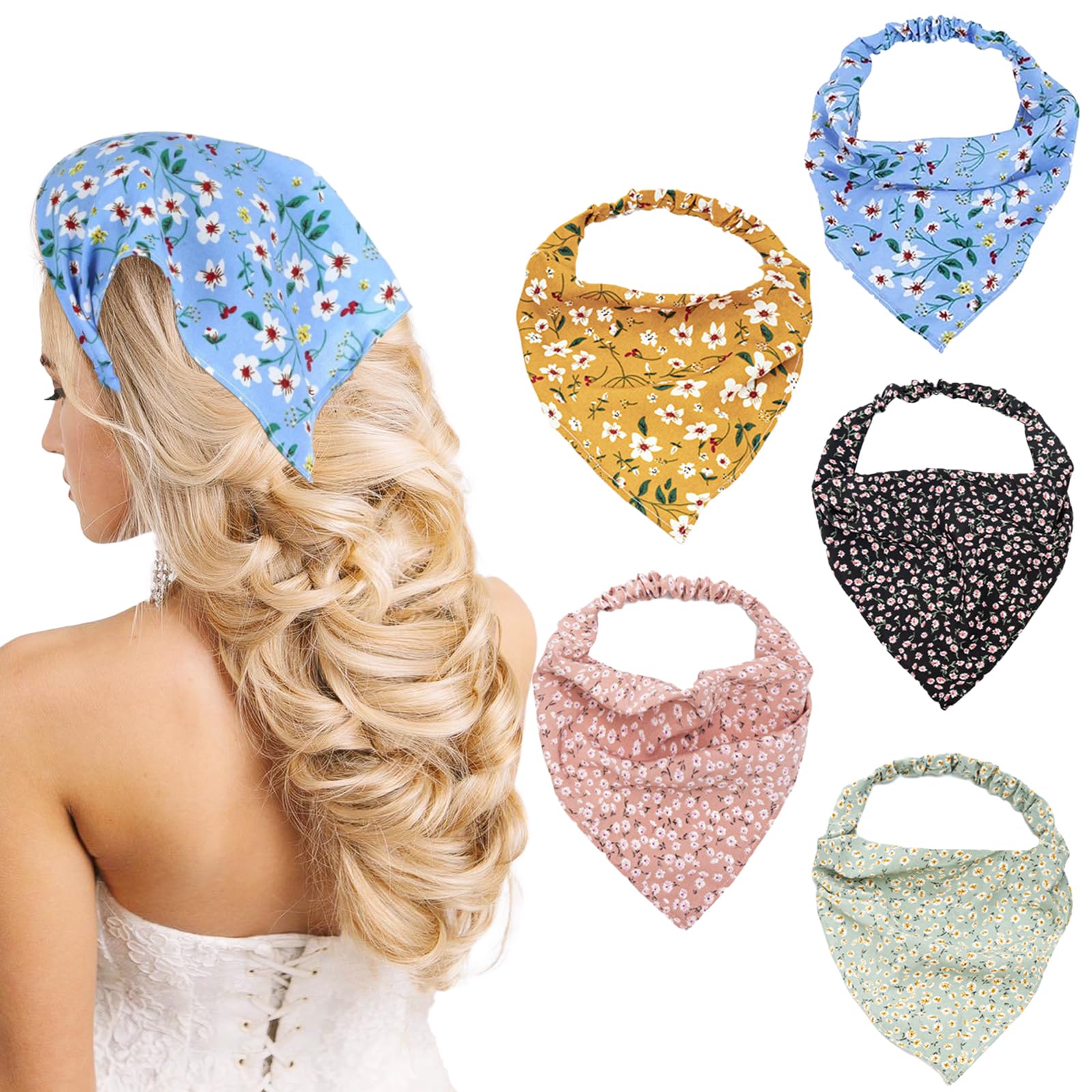 KEYRI 5 PCS Head Kerchief Headband, Floral Hair Scarf Boho Hair Bandanas Chiffon Hairbands Elastic Turban Hair Scarves Head Scarf Bandana Hair Accessories for Women Girls (Multi-Coloured, One Size)