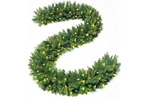 Jin&Bao 9FT Christmas Garland with Lights 100LED Prelit Green Garland Christmas Decorations with Timer 8 Modes for Mantle Stairs Door Outdoor Indoor Winter Decor (Warm White)