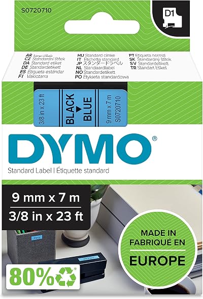 DYMO D1 Labels 9 mm x 7 m Black on Blue Tape Self-Adhesive Europe Made