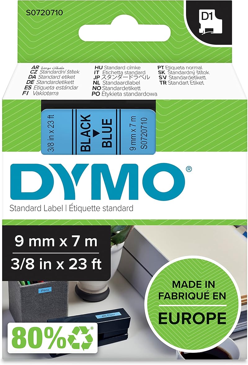 DYMO D1 Labels 9 mm x 7 m Black on Blue Tape Self-Adhesive Europe Made
