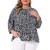 Agnes Orinda Plus Size Polka Dots Tops for Women Crew Neck 3/4 Sleeve Blouses Casual Fall Tops