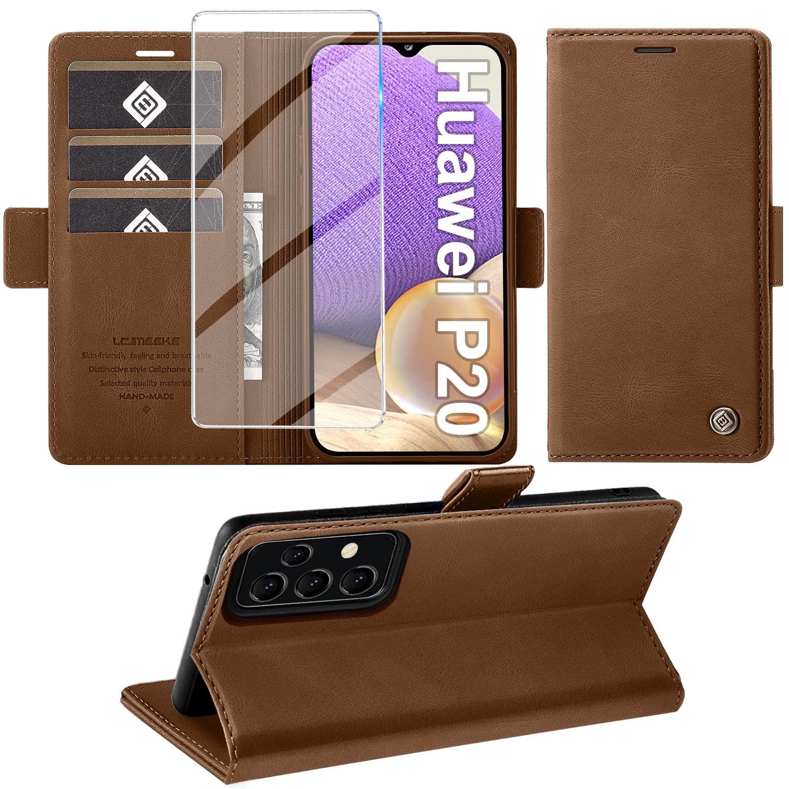 Giyer Mobile Phone Case for Huawei P20 Case with Screen Protector, Stand Function Card Slot Wallet Premium Leather Protective Case P20 Shockproof Flip Case for Huawei P20 5.8 Inch Cases (Brown) — image 1