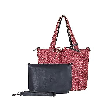 SKUTARI original Giada Large Flechttasche Damen, Bordeaux & Schwarz | Vegan-Leder Shopper mit seperater Clutch | Webtasche, W