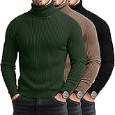 Baggyfly 3 Pack Men's Big and Tall Ribbed Turtleneck Shirts, Long Sleeve Cotton Pullover Sweaters Mock Neck Slim Fit Tee Tops