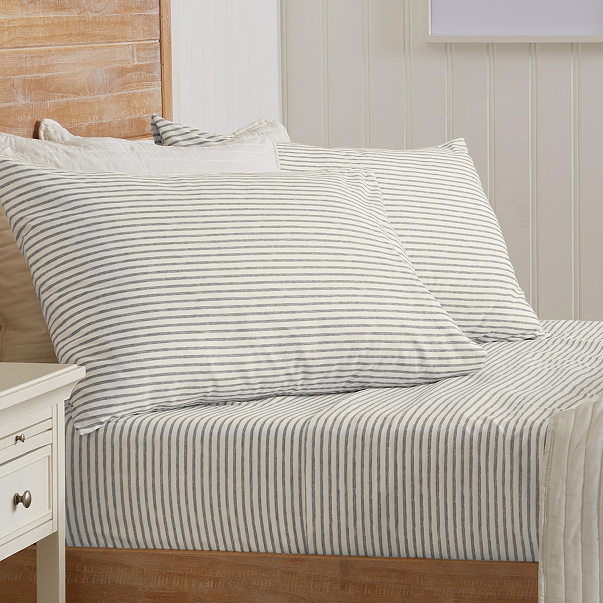 Photo 1 of 4-Piece Queen Size Stripe Microfiber Sheet Set - Ultra-Soft, Brushed Bedding Sheets & Pillowcases - Wrinkle Free, Comfortable, All-Season Bed Sheets (Light Grey)