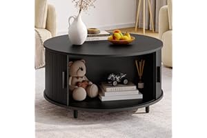ONBRILL Round Coffee Table with Storage, 31.5" Modern Coffee Table with 360° Curved Sliding Door, Fluted Wood Accent Coffee T
