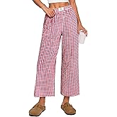 ANRABESS Women Striped Gingham Palazzo Cropped Pants Wide Leg Pajama Lounge Pants Plaid PJ Bottoms Cute Trousers with Pockets