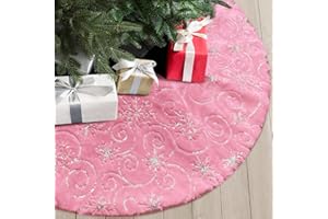 DegGod Plush Christmas Tree Skirts, 36 inches Luxury Pink Faux Fur Xmas Tree Base Cover Mat with Silver Snowflakes Pattern for Xmas New Year Home Party Decorations