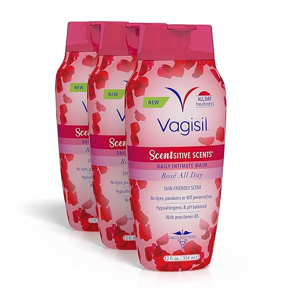 VAGISIL FEMININE WASH FOR INTIMATE AREA HYGIENE, SCENTSITIVE SCENTS, PH BALANCED AND GYNECOLOGIST TESTED, ROSE ALL DAY, 12 OZ (PACK OF 3)
