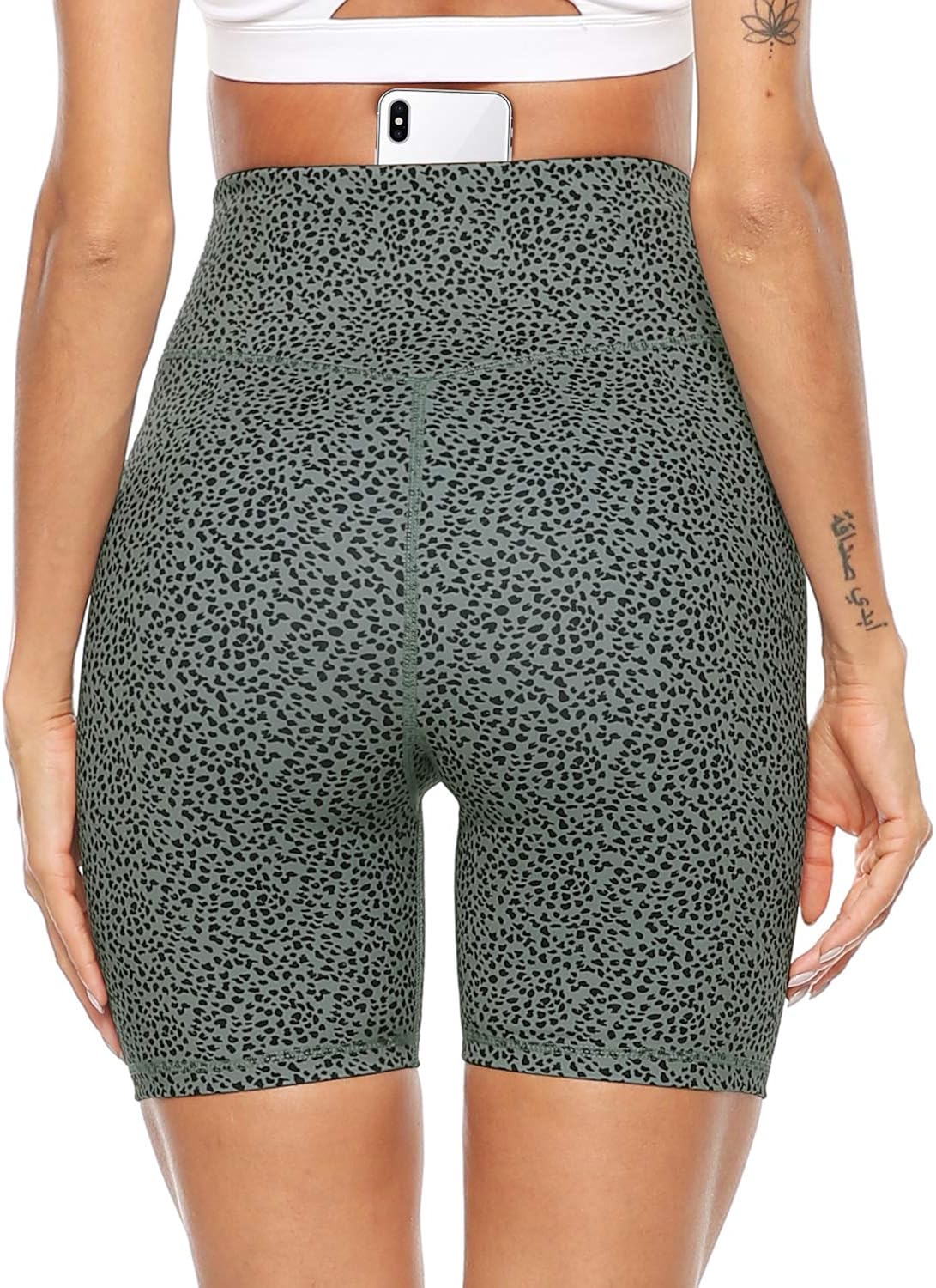 Persit Women's High Waist Print Workout Yoga Shorts with 2 Hidden Pockets, Non See-Through Tummy Control Athletic Shorts: Clothing