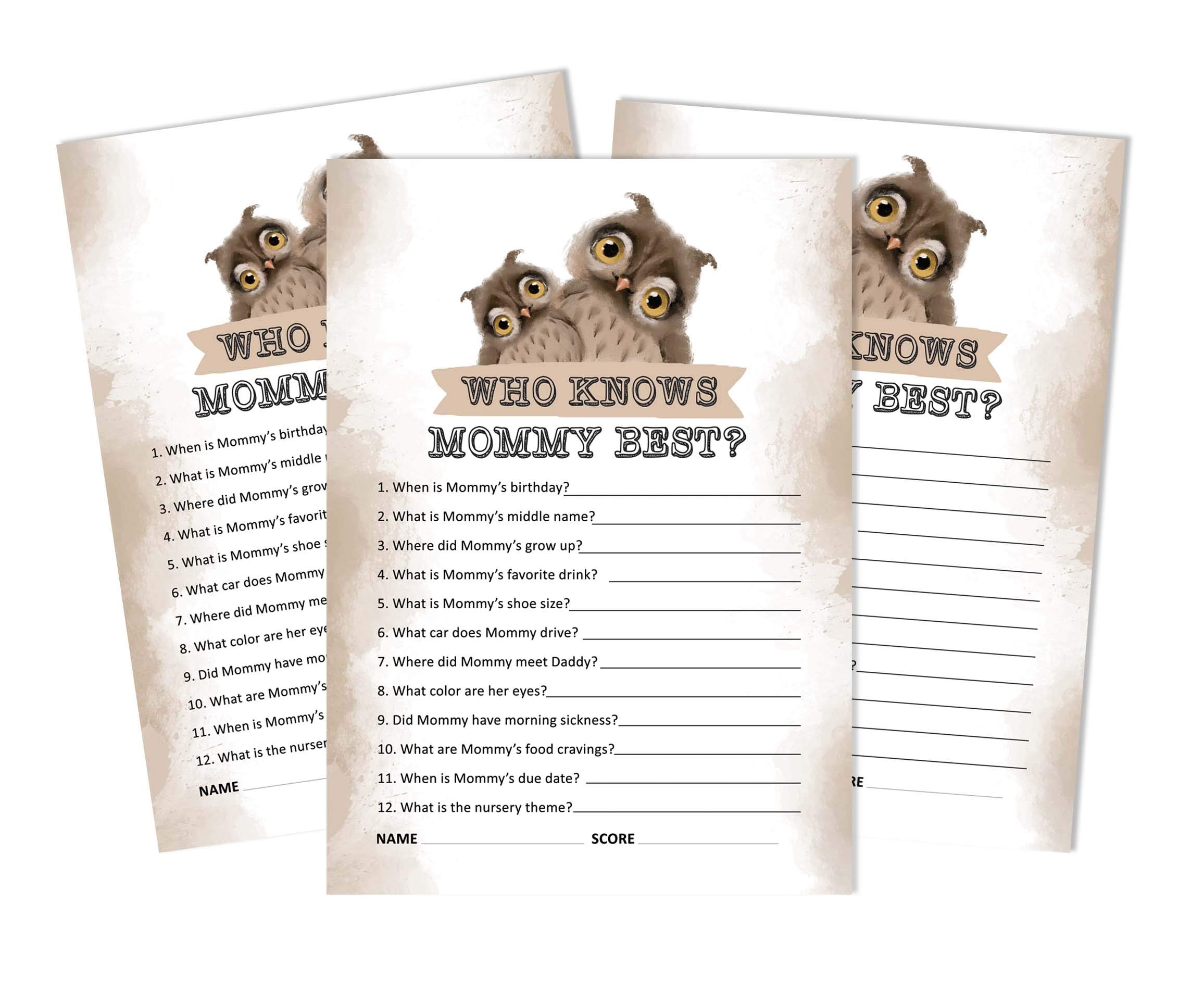 Inkdotpot Owl Bird Who Knows Mommy Best Baby Shower Game Cards Fun Activity Cards Set Of 50 Party Theme — image 1
