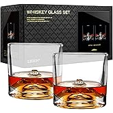 LIITON Mount Fuji Heavy Crystal Whiskey Glasses Gift Set of 2, Thick Freezable Bourbon Glass 1lb Each, Premium Whiskey Gifts for Men, Frozen Crystal Chills Cocktails, 10 oz