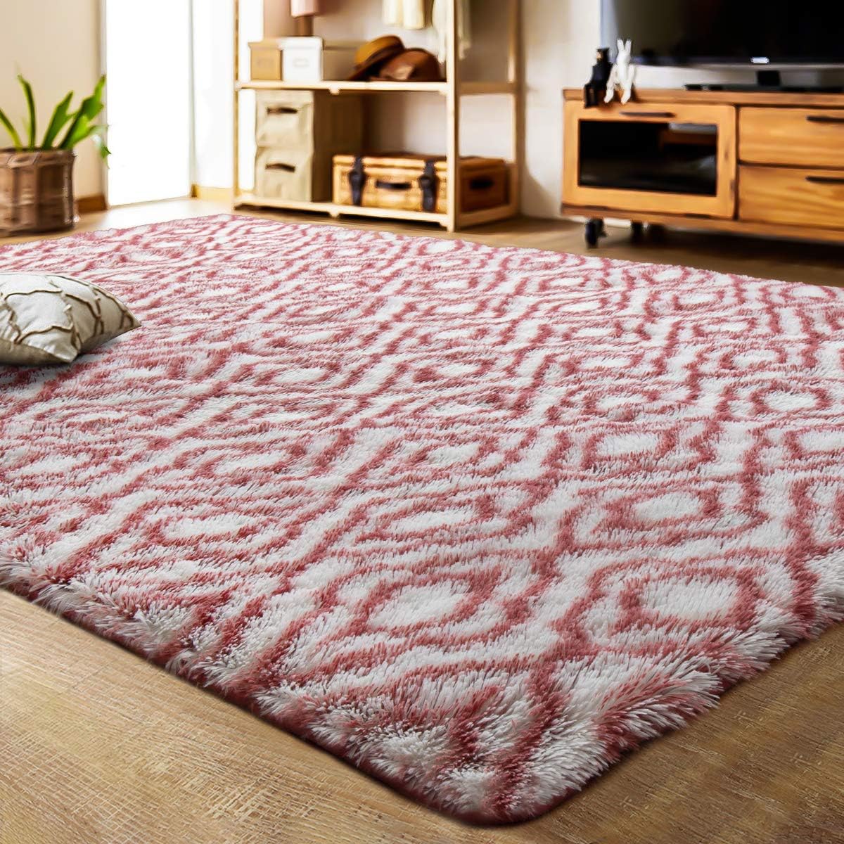 LOCHAS Luxury Velvet Shag Area Rug Mordern Indoor Plush Fluffy Rugs, Extra Soft and Comfy Carpet, Geometric Moroccan Rugs for Bedroom Living Room Girls Kids Nursery (5x8 Feet, White/Dark Pink, HS6)