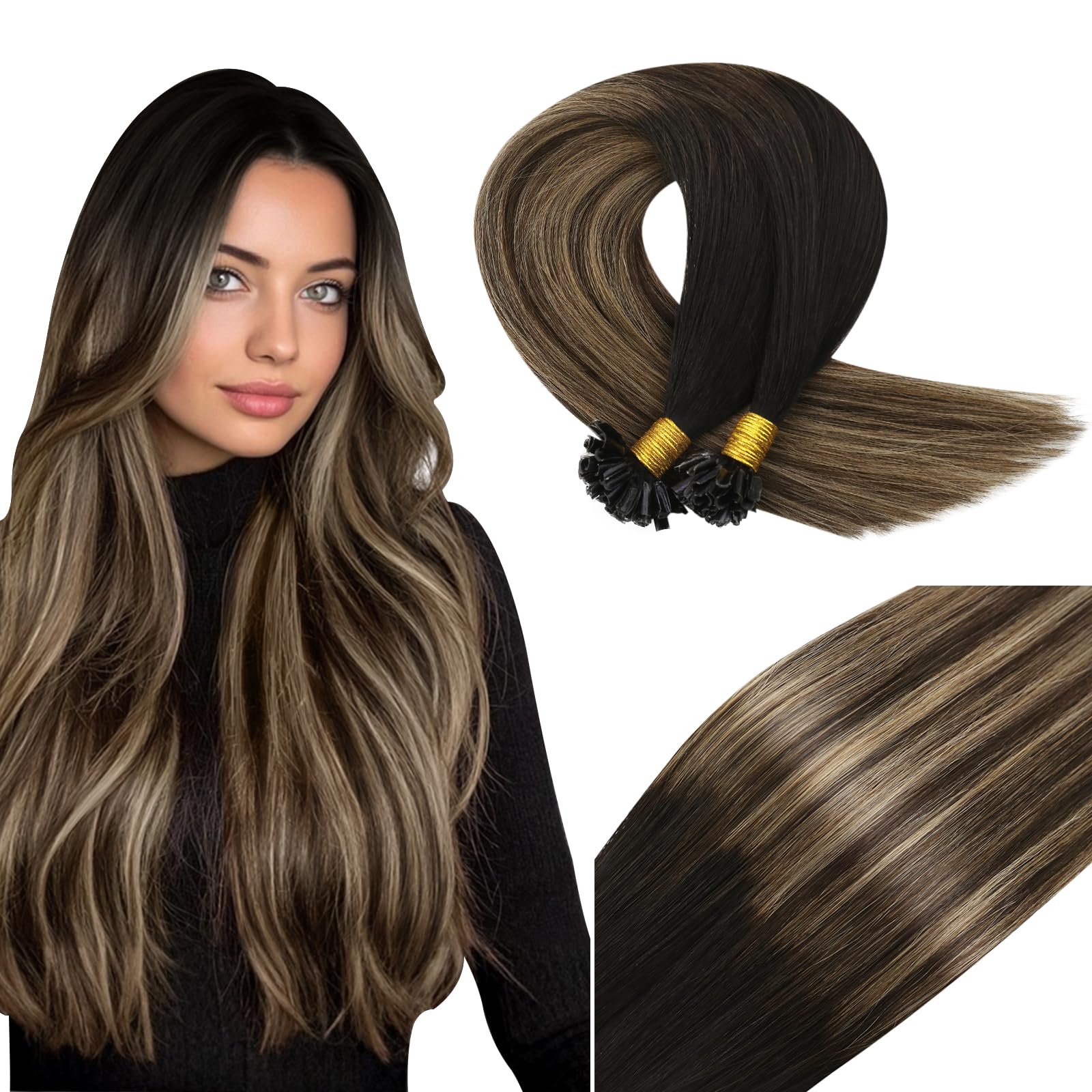 Vivien Balayage U Tip Hair Extensions Real Human Hair Brown 22 Inch Pre Bonded Extensions Nature Black Ombre Medium Brown with Blonde Invisible 50g 50s #1B/4/18 — image 1