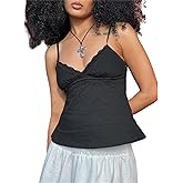 Women Y2k Babydoll Cami Top Sexy Lace Ruffle V Neck Spaghetti Strap Peplum Tank Tops Coquette Going Out Streetwear