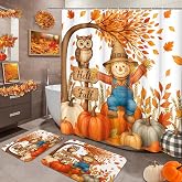 Arttown Bathroom Set, Fall Shower Curtain and Bath Rugs Pumpkin | Scarecrow Owl Leaves Bathroom Accessories Shower Curtain Non-Slip Bath Rug Set,Bathroom Decor Set of 3