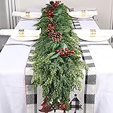 6ft Christmas Garland Realistic Soft and Thickness Green Faux Cedar Pine Garland Artificial Cedar Cypress Garland with Red Berries for Home Fireplace Wall Indoor Outdoor Holiday Party Decoration