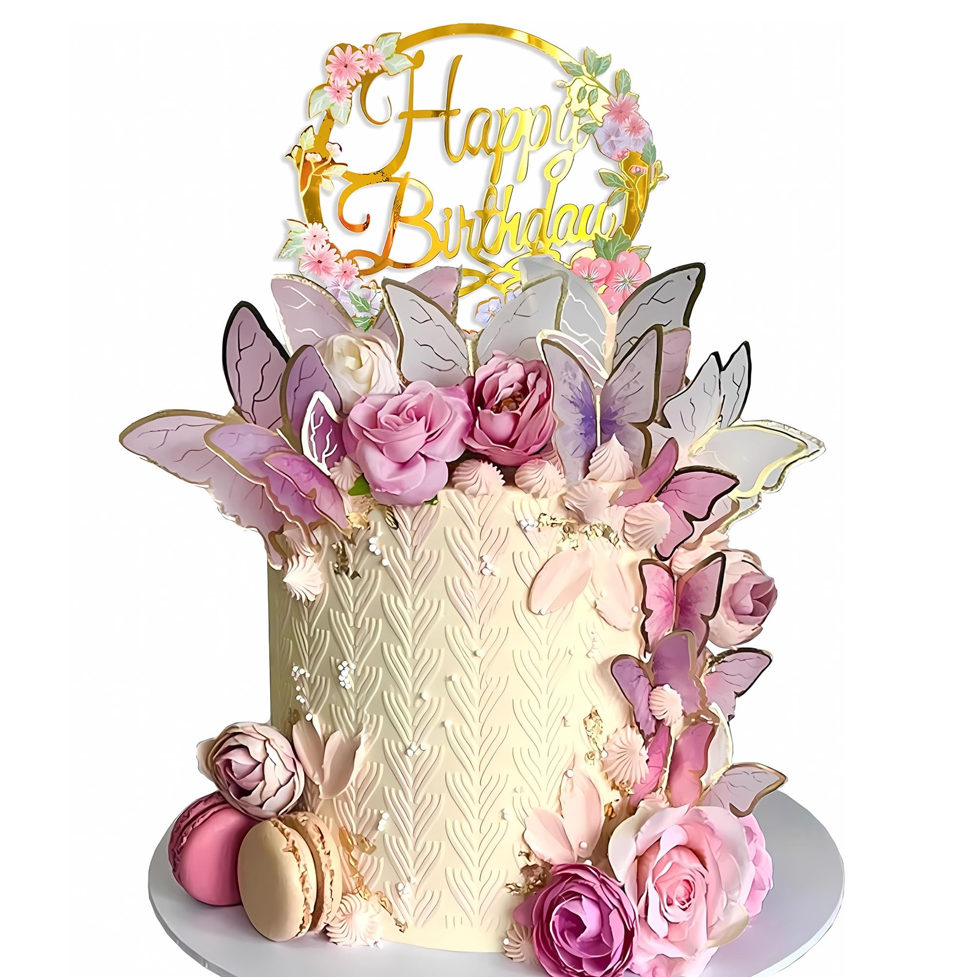 Photo 1 of DRWATE 28Pcs Butterfly Cake Topper Butterfly Cake Decorations with Artificial Flowers for Women Girls Birthday Anniversary Party Supplies (Pink Purple)