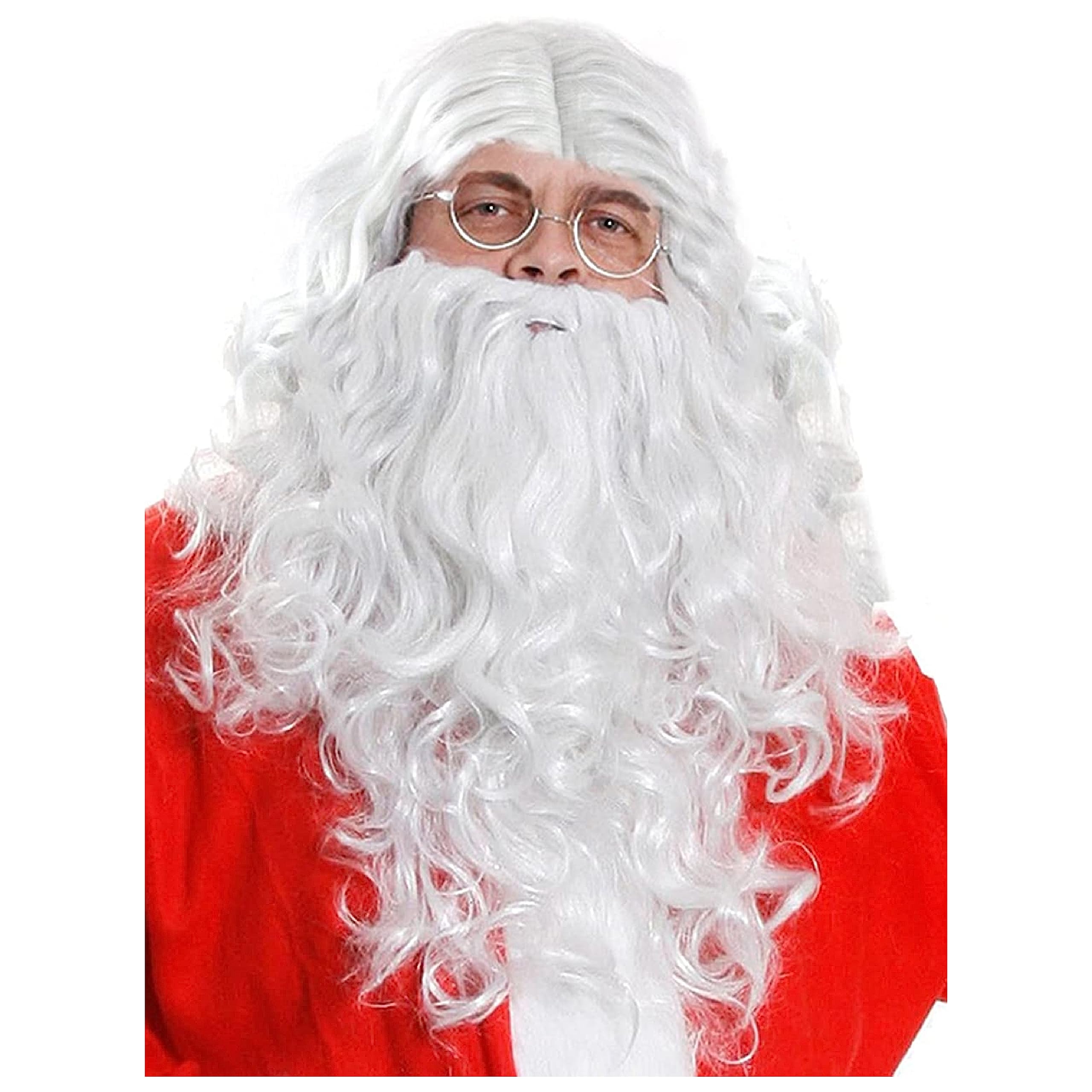 Santa Wig and Beard Set - Long White Curly Father Christmas Wig + Matching Beard - Adults Chrismas Fancy Dress Costume Accessory (One Size)