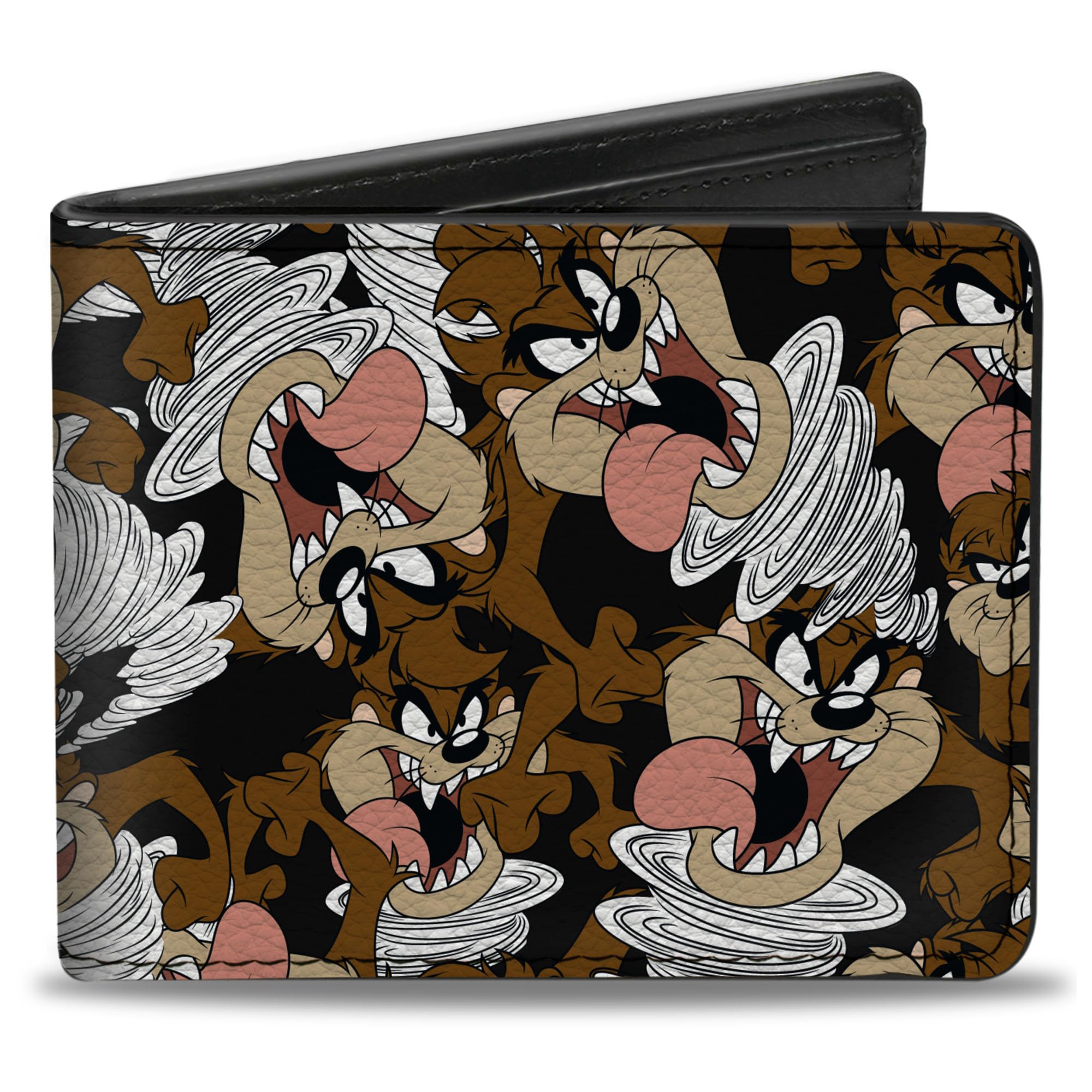 Buckle-Down Men's PU Bifold Wallet-Tasmanian Devil Vortex Poses Scattered Black, Multicolor, 4.0" x 3.5", Multicolor, 4.0" x 3.5"