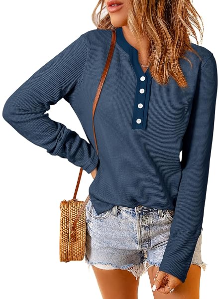 ACELITT WOMENS BLUE WAFFLE KNIT TUNIC TOPS FALL 2024 CASUAL LOOSE LONG SLEEVE BUTTON DOWN V NECK HENLEY SHIRTS X-LARGE
