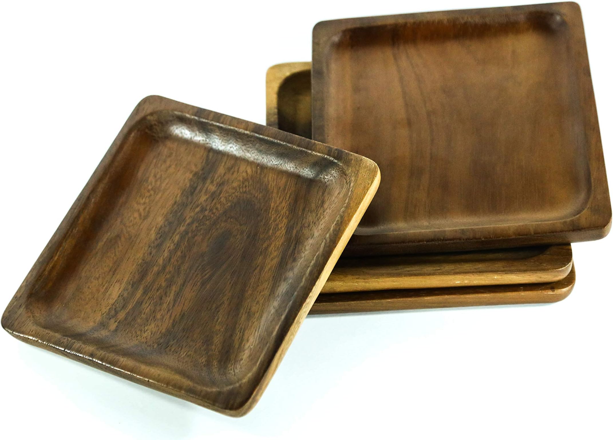 Kevin Home Square Acacia Wood Serving Tray/Plates, Dinnerware set of 4, Natural tableware dining for sandwiches, salad, finger foods, cheese, burgers, appetizers, or desserts (6 Inches)