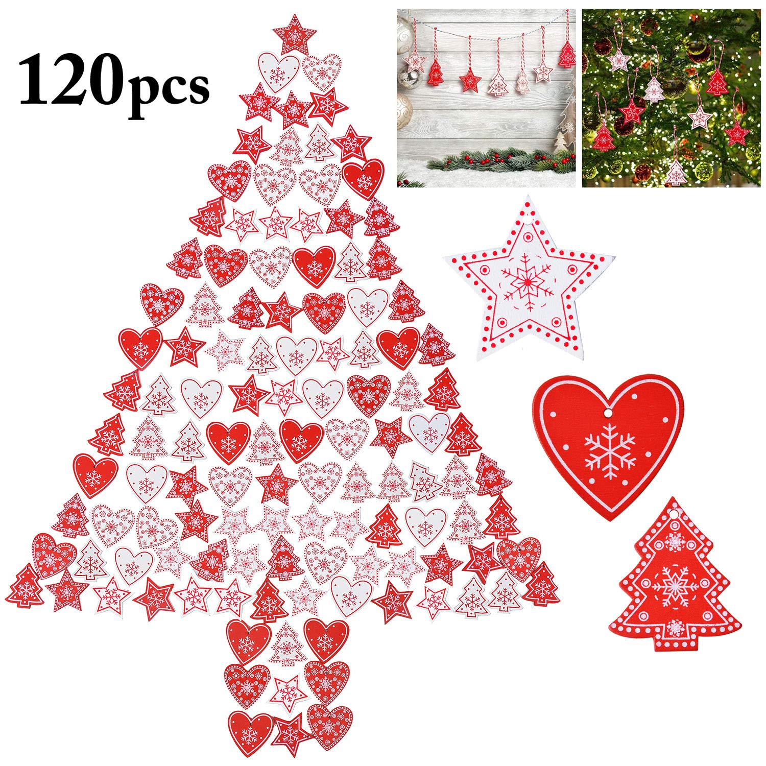 ZOYLINK 120-PCS Colgantes Navidad Adornos Árbol de Fiesta Decoración de Navidad Estrella Corazón de Amor Árbol de Navidad Dadorno Colgante