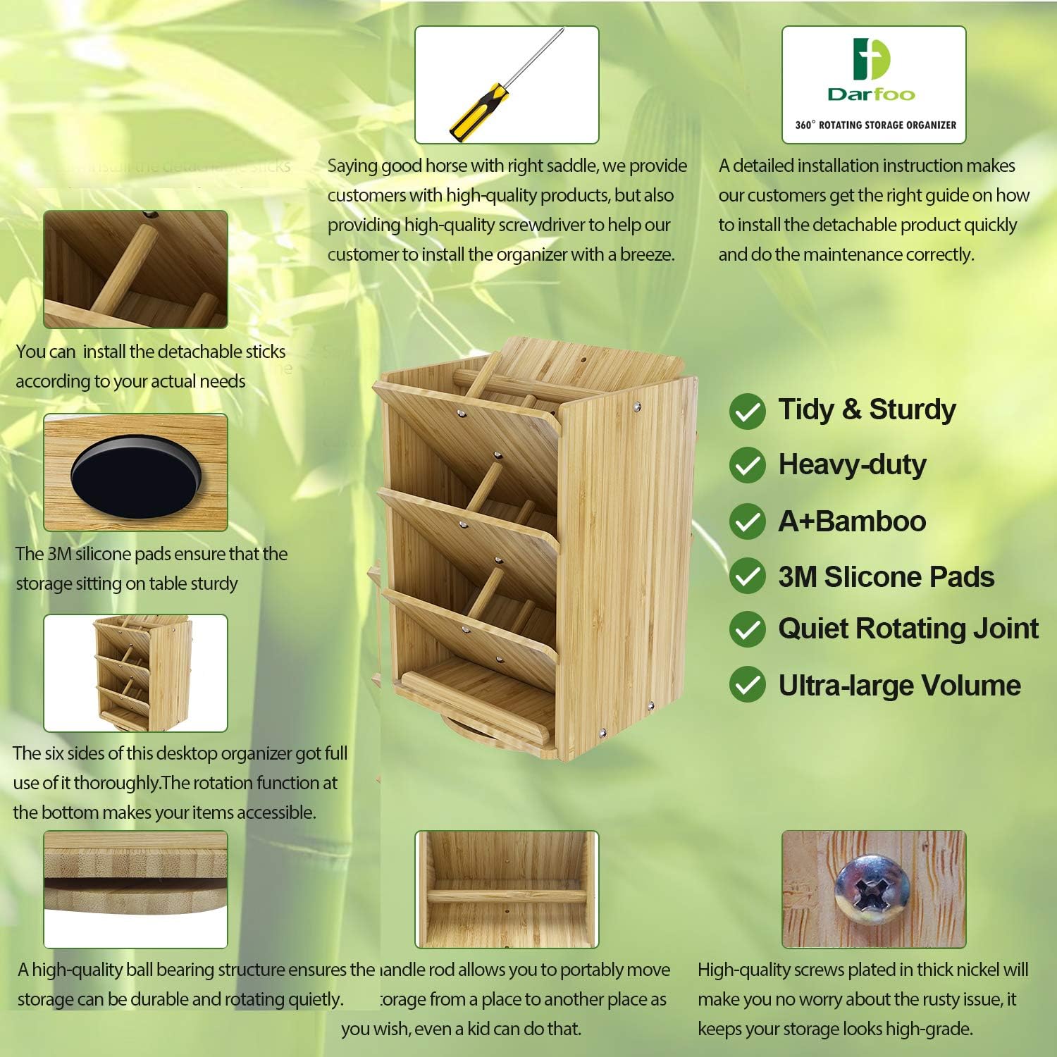 Bamboo Desk Organizer Storage Accessories - Ultra-large 13 compartments, 1000+ Pencil Holder Capacity, Easy DIY Assembly, DF Darfoo Rotating Desktop Organizer for women, Cosmetics, and Office Supplies: Home Improvement