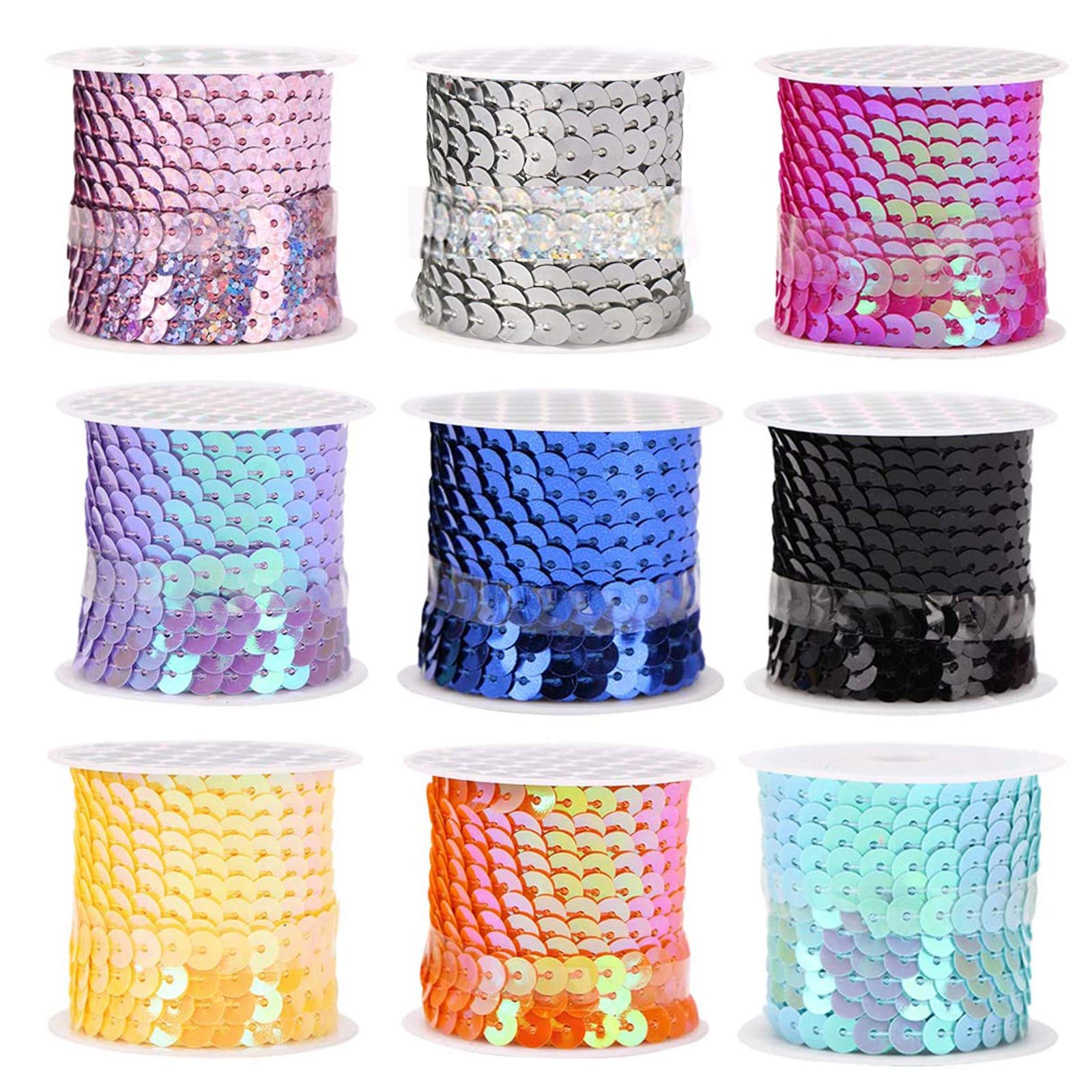 9 Rolls 4.5 m Sequin Paillette Trim String, 6mm Flat Sequin Trim, Plastic Paillette Beads Sequin Roll PVC Spangles for Jewellery Making, Ribbon Making, Costumes, Sewing and Embellishments