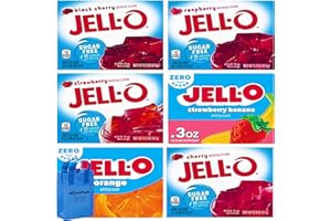 Sugar Free Jello Gelatin Variety Pack, 6 Flavored Instant Jell Dessert Mix, Raspberry, Black Cherry, Strawberry, Banana, Cherry, Orange, with Nosh Pack Bag, 6 Pack