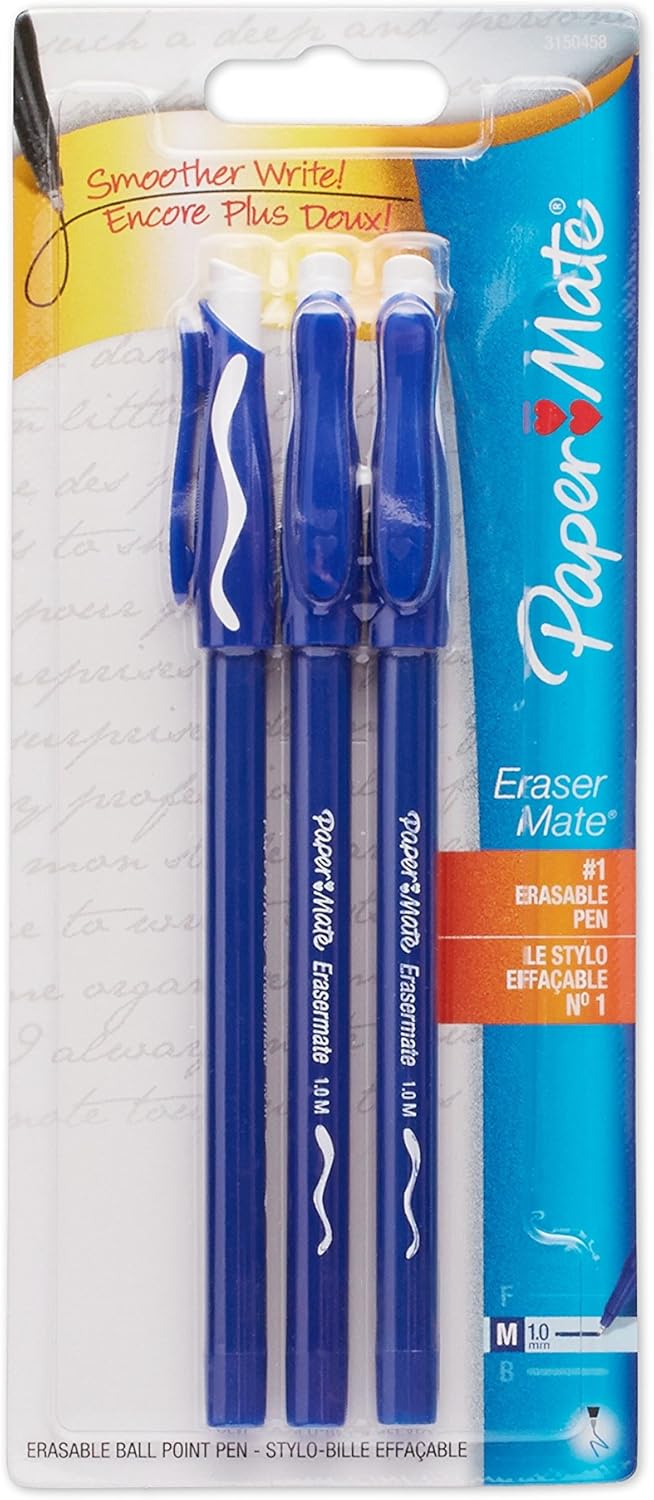 Paper Mate EraserMate Pen Stick, Stick Ball Point Pen Blue Barrel