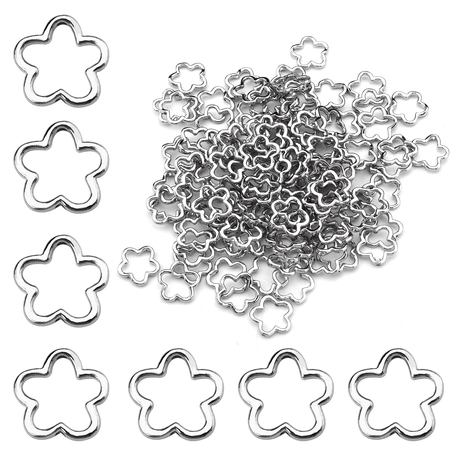 100pcs Metal Flower Beads, Shiny Silver Bead Frames for Jewelry Making Zinc Alloy Charming Flower Beads for Earrings Bracelets Necklaces Keychains Cellphone Decorative Accessories