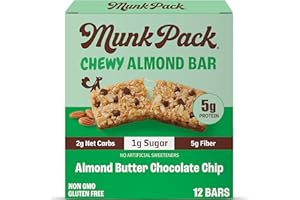 Munk Pack Almond Butter Chocolate Chip Chewy Granola Bars | 5g Protein, 1g Sugar with Allulose, 2g Net Carbs, Low Sugar, Gluten Free, Low Glycemic Snacks | 12 Count