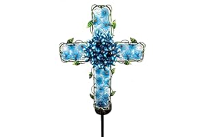 COOZZYHOUR Solar Cross Garden Lights Outdoor Decorative - Solar Metal&Glass Cross Blue Hydrangea Flower Stake Lights- Waterproof 20 Warm White LED for Remembrance Gifts