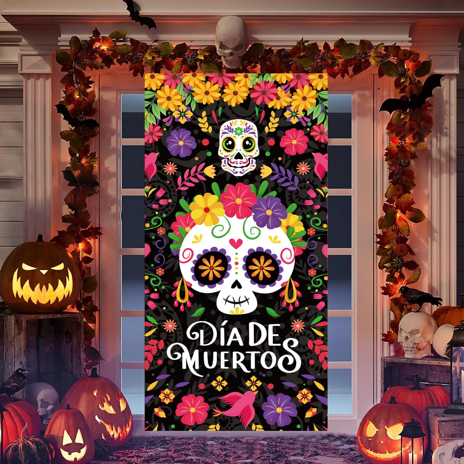 Photo 1 of Day of the Dead Door Cover Decorations Halloween Porch Banner Door Background Indoor Dia De Los Muertos Party Banner Mexican Carnival Hanging for Helloween Mexico Decoration Sugar Skull Party Outdoor