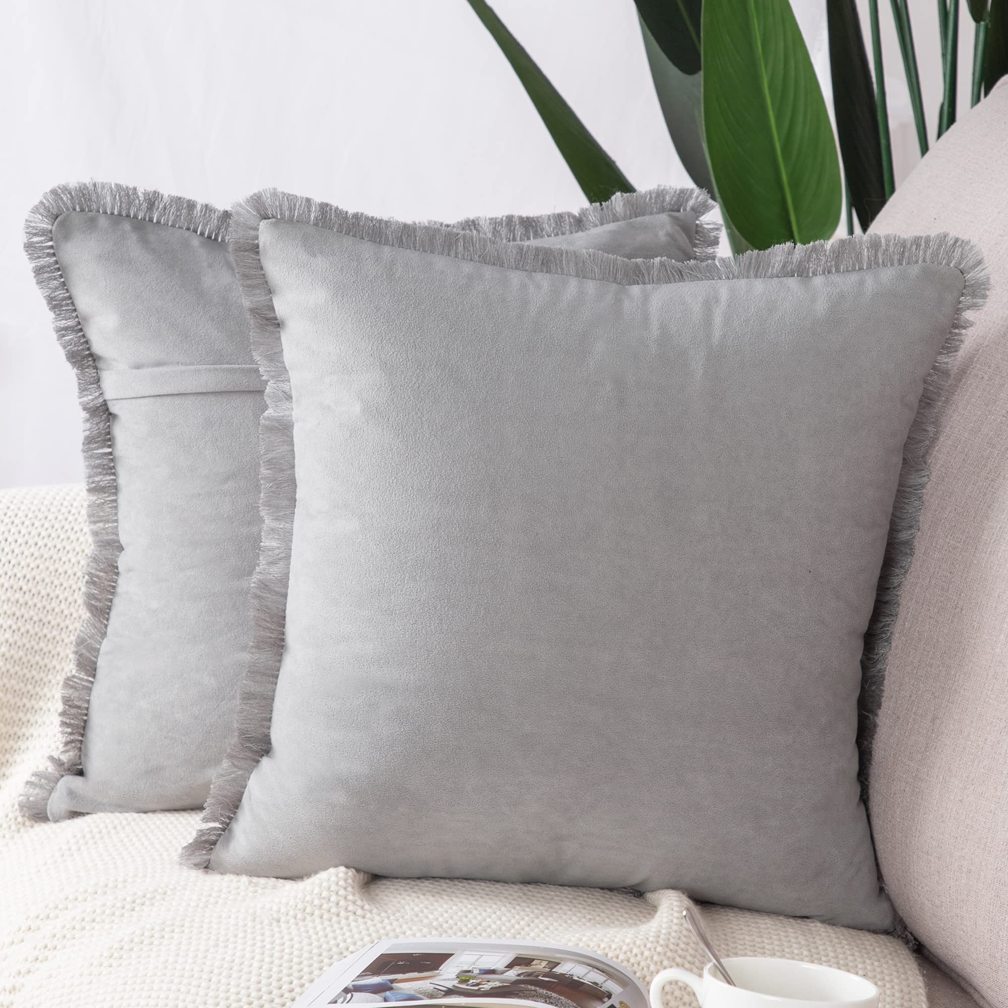 Madizz Set of 2 Suede Cushion Covers with Fringe Tassels 20x20 inch, 50x50 cm, Light Grey Soft Decorative Throw Pillow Cases for Sofa Bedroom Pillow Shell