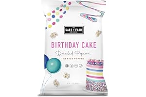 THE SAFE + FAIR FOOD COMPANY Safe + Fair Birthday Cake Drizzled Popcorn - Gluten-Free, Dairy Free and Vegan Snack - Free From Top 9 Allergens and Artificial Ingredients – Non GMO, Plant Based Kettle Popped Corn, 7.5 oz