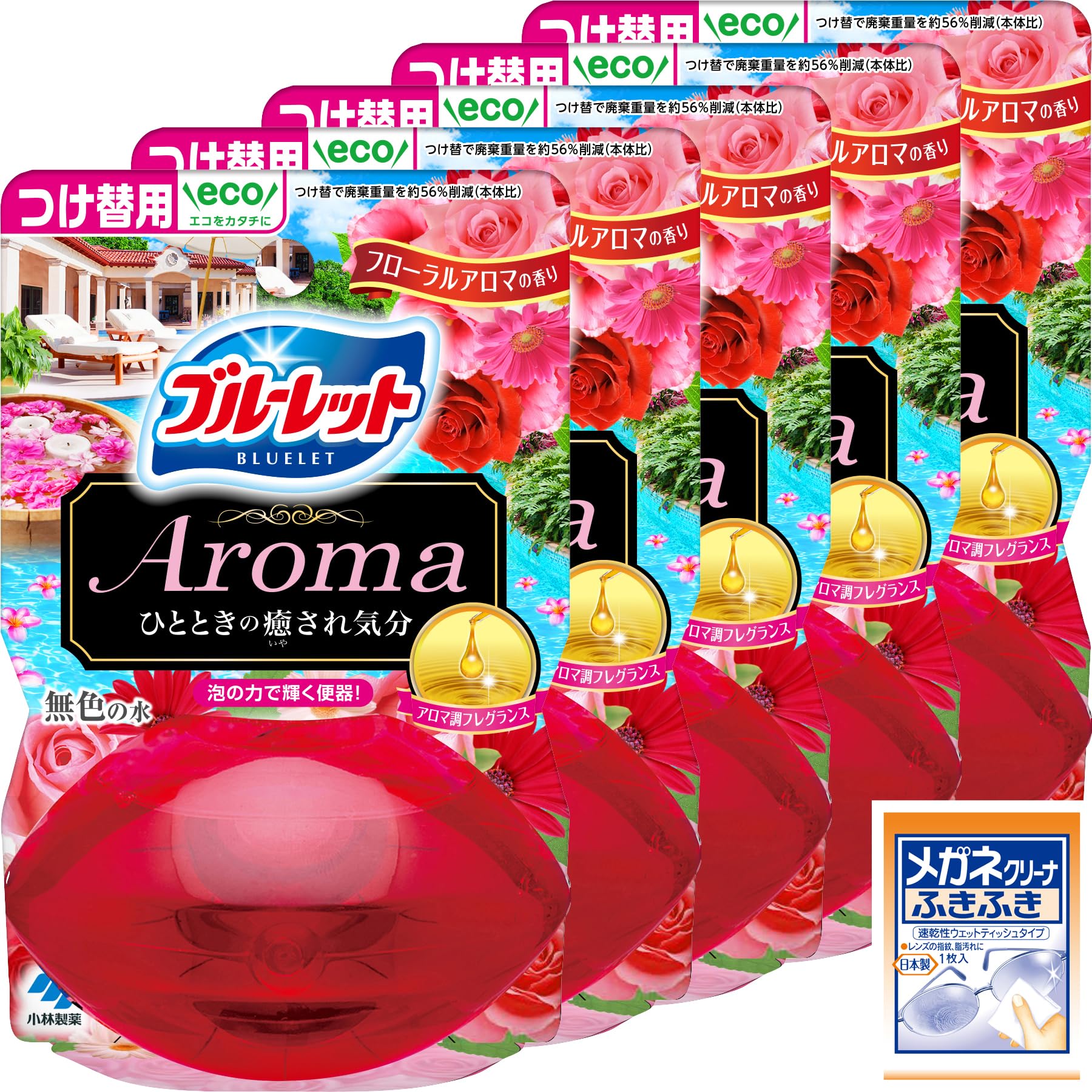 【Amazon.co.jp限定】 【まとめ買い】液体ブルーレットおくだけ アロマ トイレタンク芳香洗浄剤 フローラルアロマの香り 詰め替え用 70ml×5個 メガネクリーナおまけ付 小林製薬商品画像