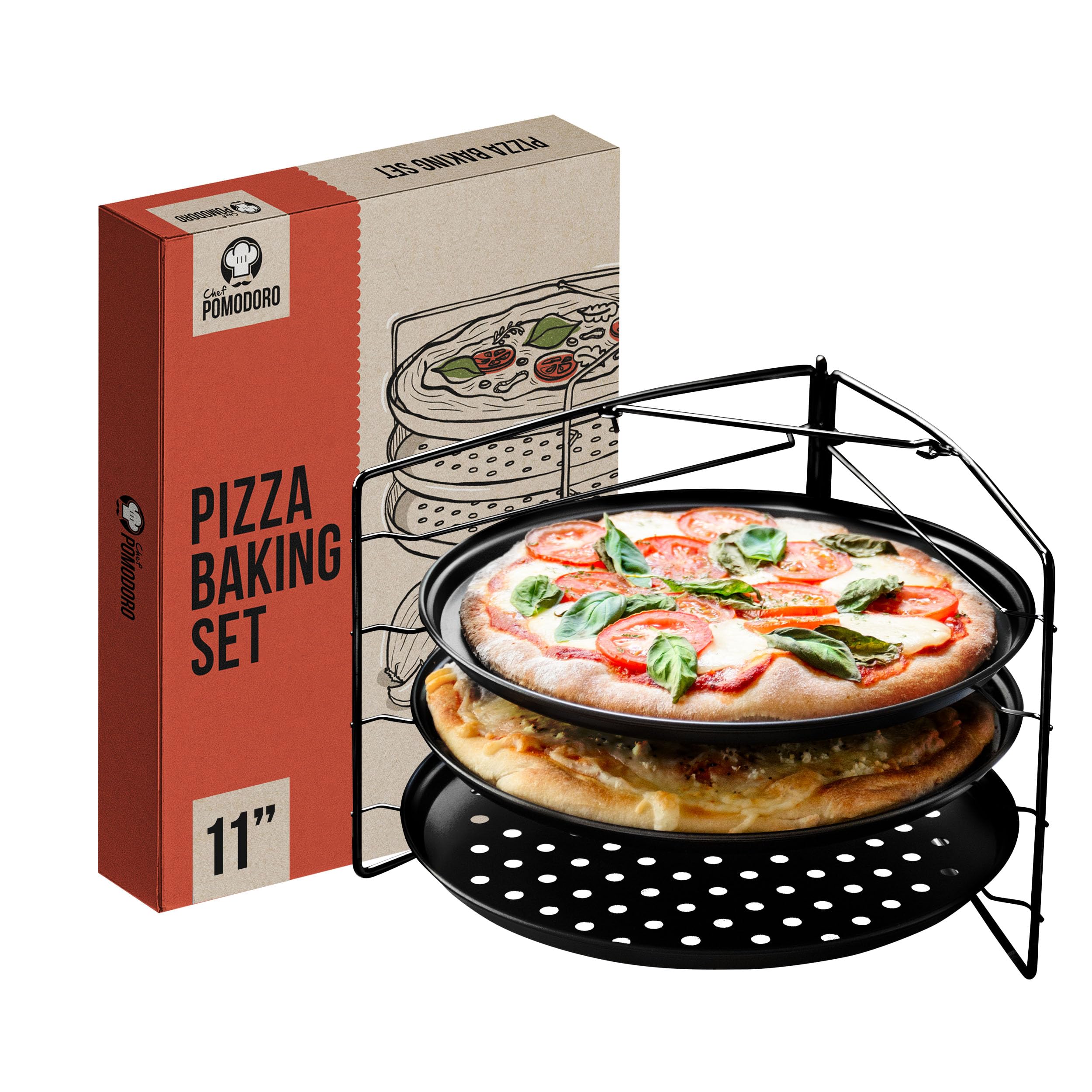 Chef Pomodoro Pizza Baking Set with 3 Pizza Pans and Pizza Rack, (28cm Pans), Non-Stick Perforated Pizza Trays for Oven, Pan with Holes, Pizza Pan for Oven, Barbeque, Bakeware Supplies