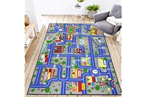 VSIWB Educational Road Traffic Carpet Kids Carpet Playmat Car Rug Fun City Life Map Kids Car Rug Non Slip Play Carpet for Children Playroom Bedroom Classroom Decor (Blue, 5'2''x3'3'')