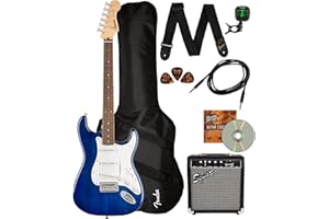 Fender Squier Sonic Stratocaster - Sapphire Blue Transparent Bundle with Frontman 10g Amp, Gig Bag, Cable, Strap, Tuner, Fender Play, Picks, Austin Bazaar Guitar DVD