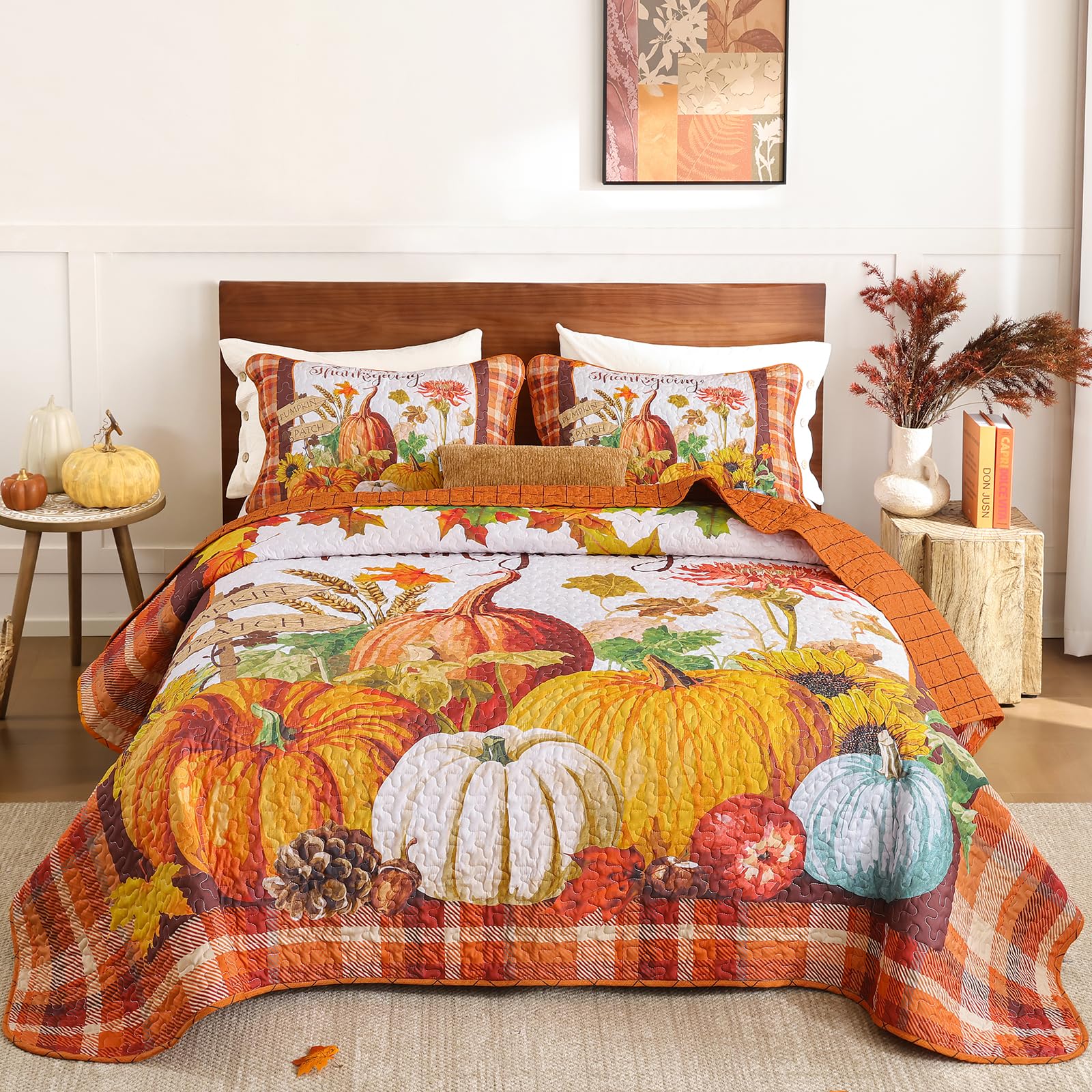 Thanksgiving Quilt Set King Size,Fall Farm Bedspread Pumpkin Sunflower ...