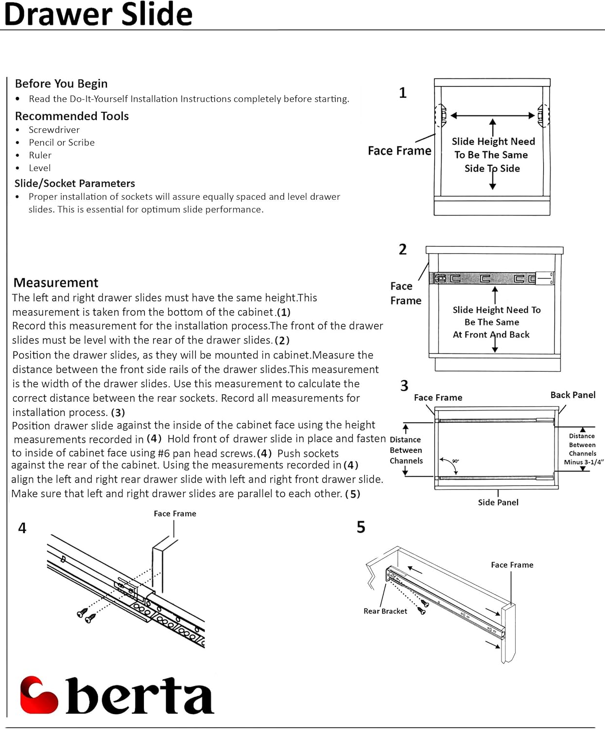 5 Pairs Berta Rear Mounting Brackets For Drawer Slide Cabinet