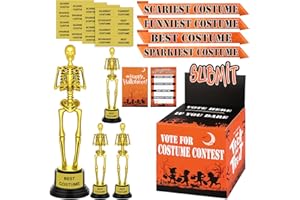 TWOWYHI Halloween Costume Contest Voting Box with 4 Packs Gold Costume Skeleton Trophies, 40PCS Voting Cards, 32PCS stickers, 4PCS Award Sashes for Halloween Party Games Costume Contest Reward