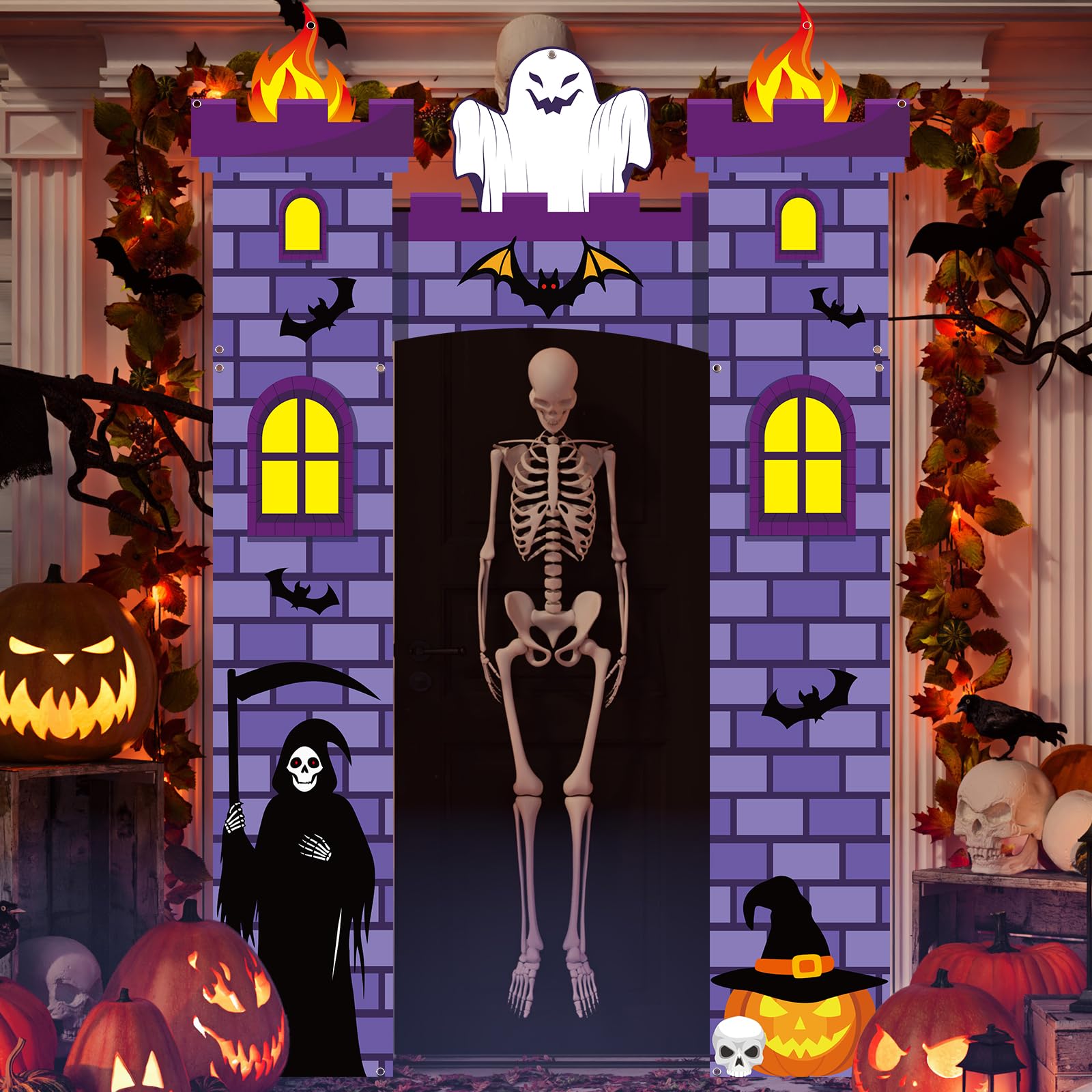 Photo 1 of 3 Pcs Halloween Door Banners Decorations Trick or Treat Porch Banner Castle Creepy Pumpkin Ghost Hanging Signs for Front Door Wall Home Party Favors Supplies Spooky Holiday Yard Outdoor Indoor Outside