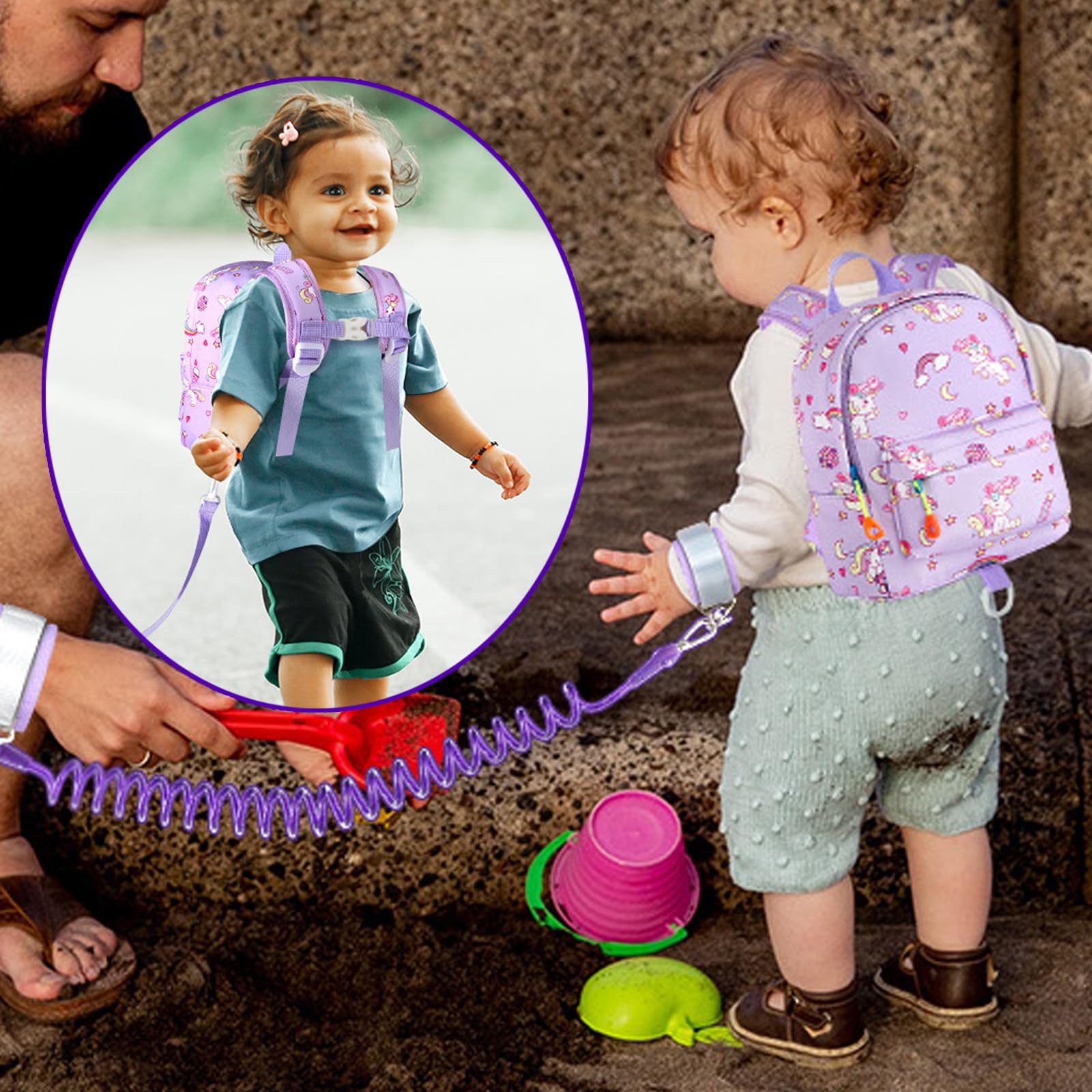 Accmor Accmor Toddler Backpack Leash with Anti Lost Wrist Link, Cute Mini Child Walking Harnesses Keep Kids Close Back Pack Rope Tether Rein for Baby Boys (Purple/Unicorn)