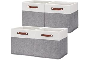 HNZIGE Foldable Storage Bins 13x13 Storage Cubes Set of 4 Fabric Linen Storage Baskets for Shelves Drawer with Handles Organizer for Shelves Toy Nursery Closet Bedroom