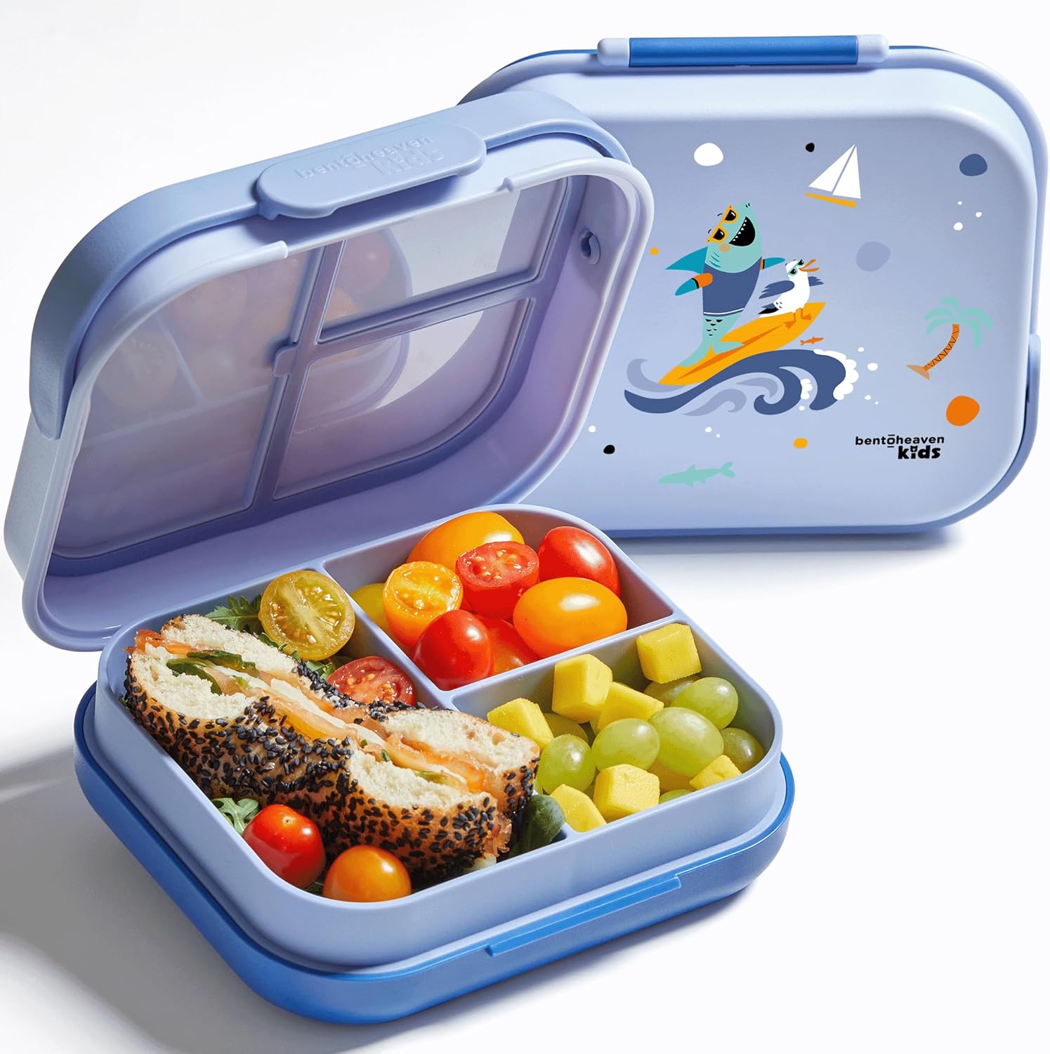 Kids' Room Décor - Bentoheaven Premium Bento Lunch Box for Kids, 9 Designs, Leak-proof 3-4 Compartments, Divider, Ideal size 30oz, Microwave/Dishwasher Safe Kids Bento Box (Loncheras Para Niños/Niñas)[Ocean Blue]