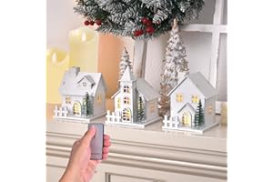 IDATOO Christmas Village Set of 3 White Xmas Houses with Remote-Control LED Candles, Indoor Christmas Table Decor, Farmhouse Winter Decorations for Tabletop Centerpiece Mantel Shelf (3pcs)