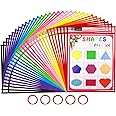 Gamenote Dry Erase Pockets 30 Pack with Rings, Oversized Reusable Plastic Sleeves Shop Ticket Holders Sheet Protectors Teacher Supplies for Classroom Organization (Colorful)